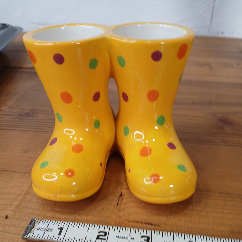PartyLite Rainboot Candle Holders, Yellow Polka Dot Boots Candle Holder, 3 3/4”